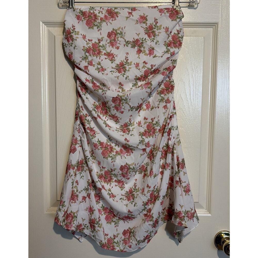 Mini Dress Y2K Strapless Size S Floral Print White Pink
